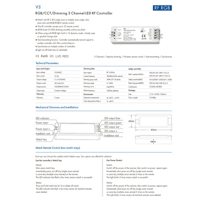 71546 V3 SKYDANCE DC RF 2.4Ghz Dimmer High Speed Controller 3 Καναλιών DC 12-24V 3 x 5A 96W - Max 12A 288W - IP20 Μ10 x Π3.5 x Υ2cm