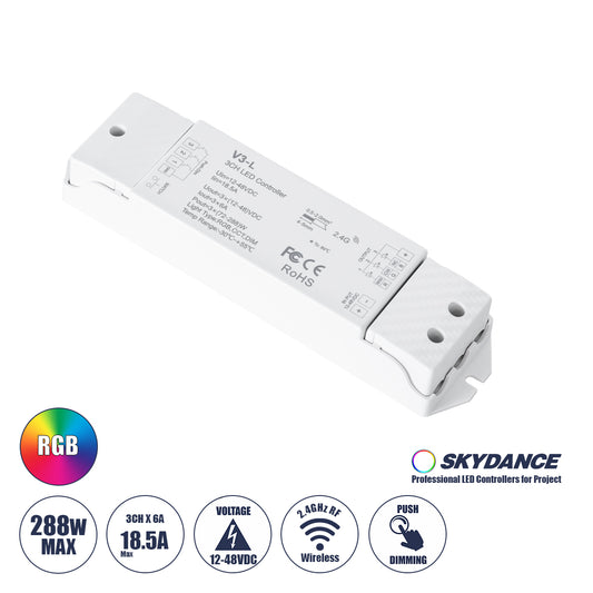 71547 V3-L SKYDANCE DC RF 2.4Ghz Dimmer High Speed Controller & Push Dimming 3 Κανάλια DC 12-48V 3 x 6A 288W - Max 18.5A 288W - IP20 Μ17.5 x Π4.5 x Υ2.5cm