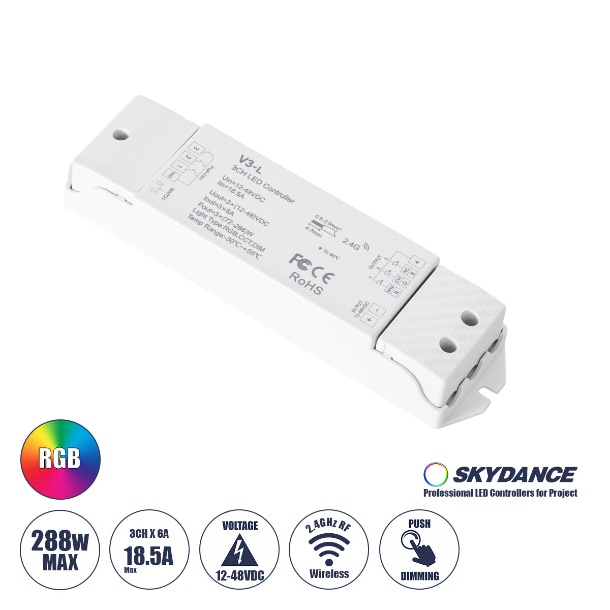 71547 V3-L SKYDANCE DC RF 2.4Ghz Dimmer High Speed Controller & Push Dimming 3 Κανάλια DC 12-48V 3 x 6A 288W - Max 18.5A 288W - IP20 Μ17.5 x Π4.5 x Υ2.5cm