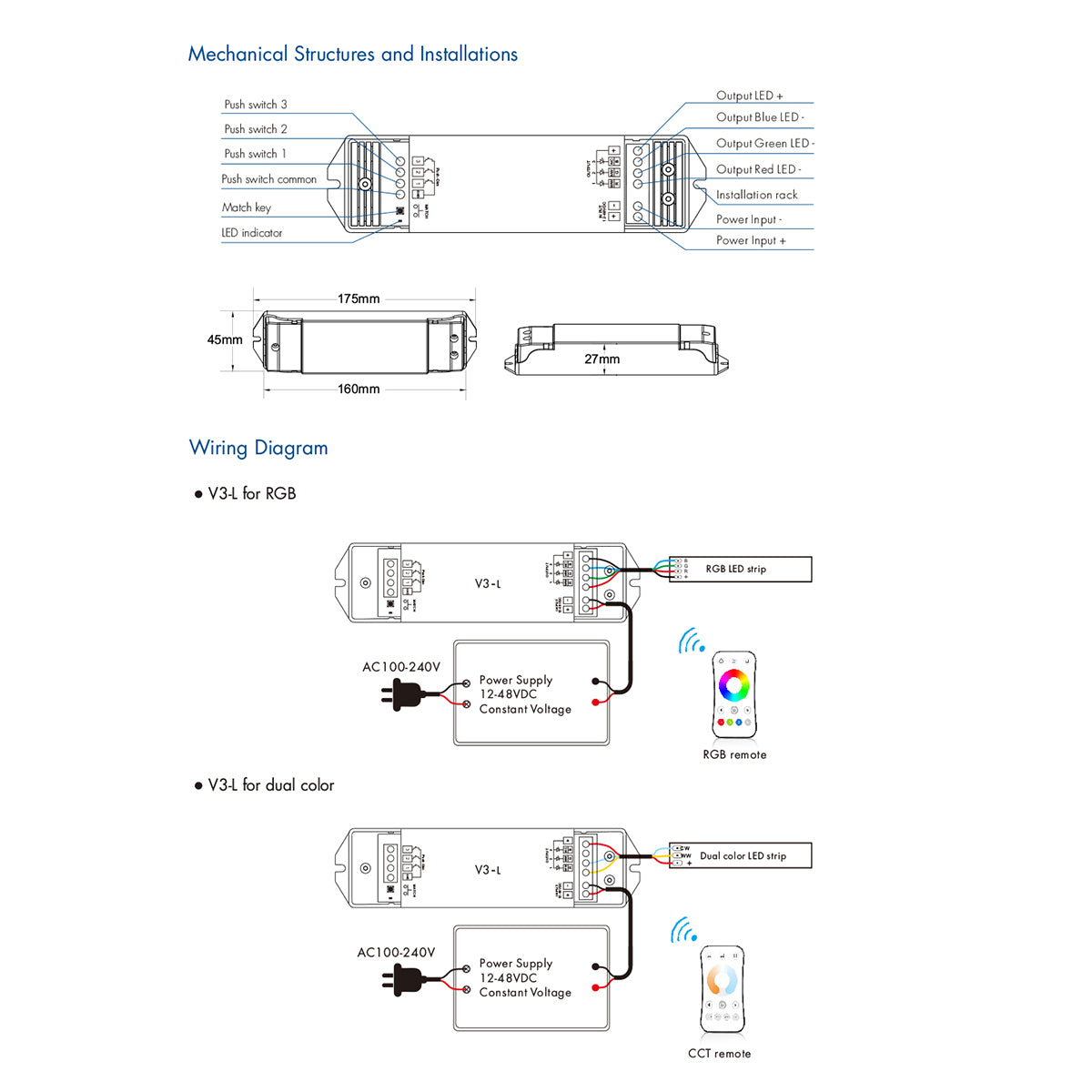 71547 V3-L SKYDANCE DC RF 2.4Ghz Dimmer High Speed Controller & Push Dimming 3 Κανάλια DC 12-48V 3 x 6A 288W - Max 18.5A 288W - IP20 Μ17.5 x Π4.5 x Υ2.5cm