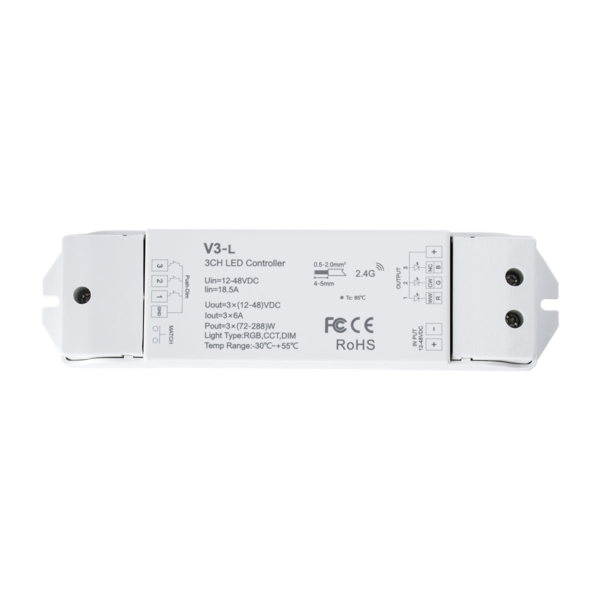 71547 V3-L SKYDANCE DC RF 2.4Ghz Dimmer High Speed Controller & Push Dimming 3 Κανάλια DC 12-48V 3 x 6A 288W - Max 18.5A 288W - IP20 Μ17.5 x Π4.5 x Υ2.5cm