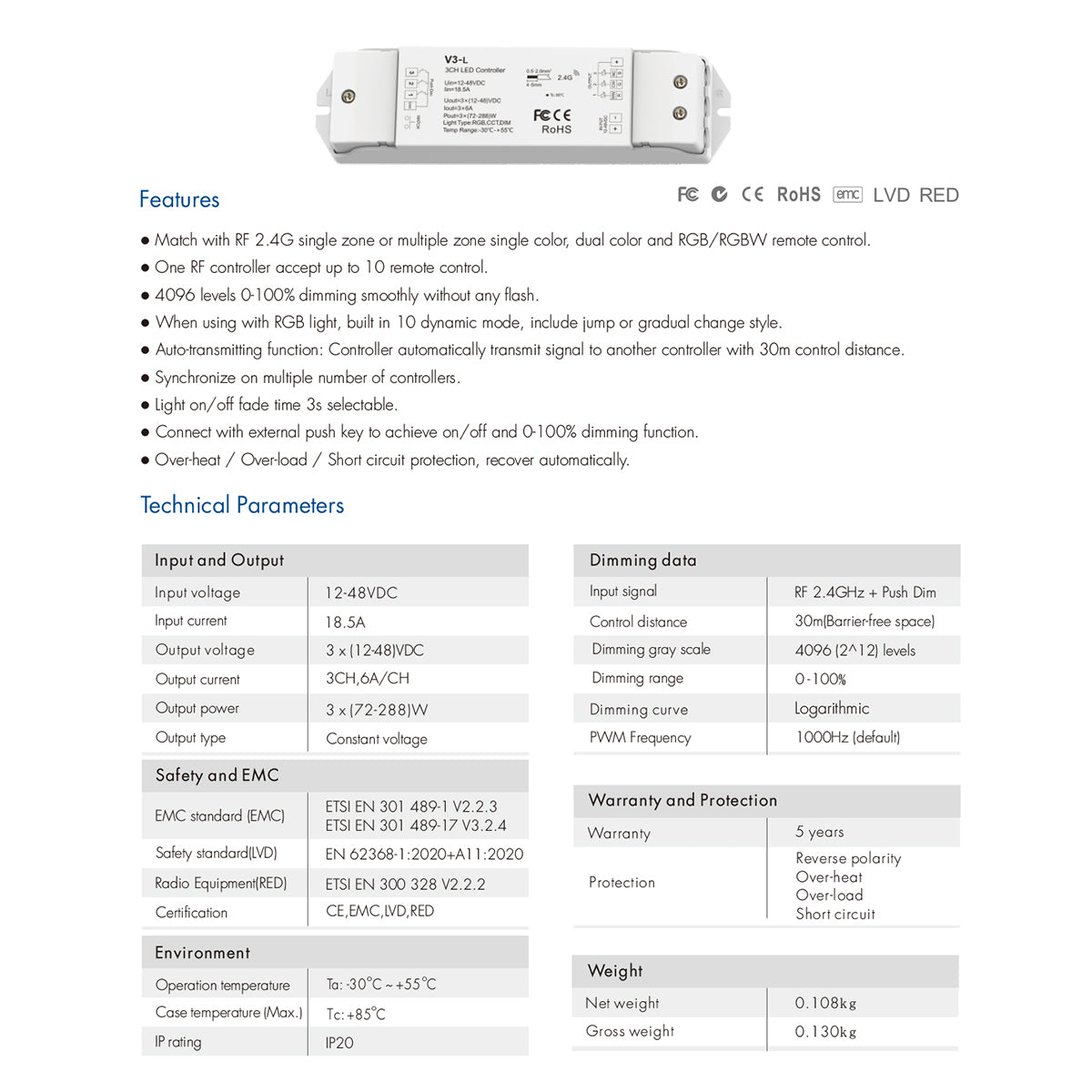 71547 V3-L SKYDANCE DC RF 2.4Ghz Dimmer High Speed Controller & Push Dimming 3 Κανάλια DC 12-48V 3 x 6A 288W - Max 18.5A 288W - IP20 Μ17.5 x Π4.5 x Υ2.5cm