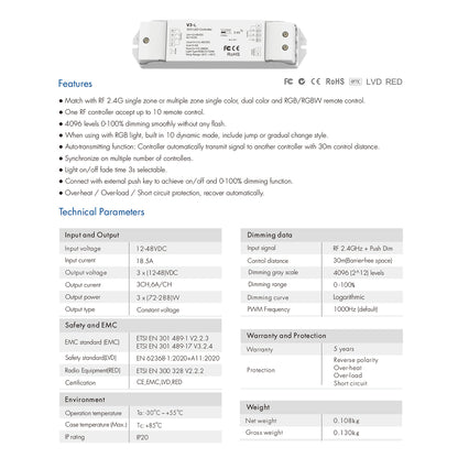71547 V3-L SKYDANCE DC RF 2.4Ghz Dimmer High Speed Controller & Push Dimming 3 Κανάλια DC 12-48V 3 x 6A 288W - Max 18.5A 288W - IP20 Μ17.5 x Π4.5 x Υ2.5cm