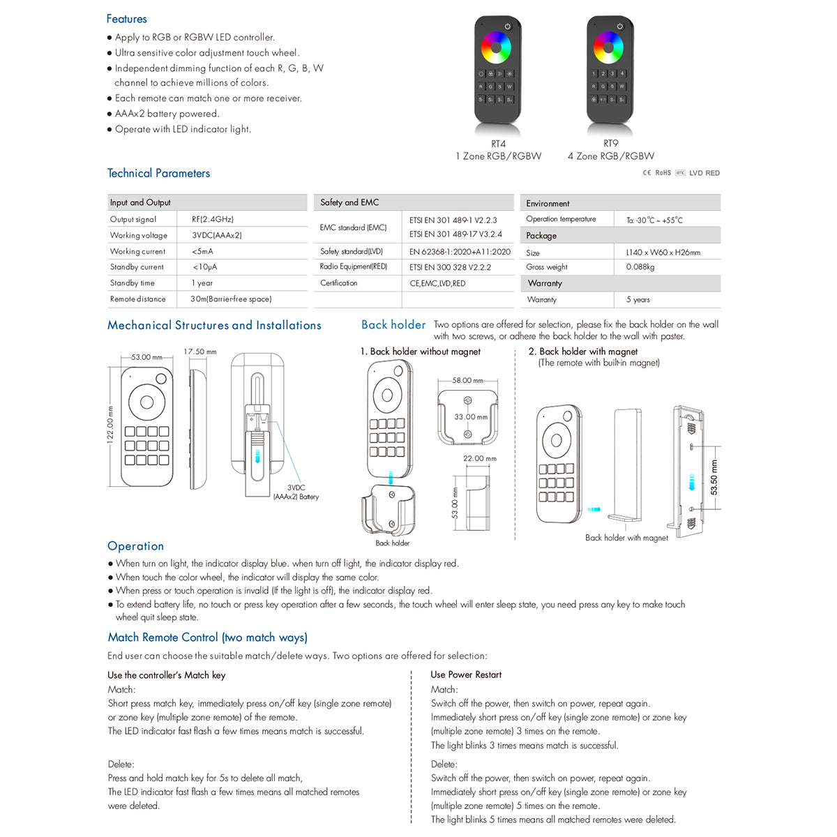 71548 RT4 SKYDANCE Ασύρματο Χειριστήριο Αφής RF 2.4Ghz 1 Group για όλα τα RGB/RGBW SKYDANCE Controller DC 3V 2 x AAA - IP20 Μαύρο Μ12.2 x Π5.3 x Υ1.7cm