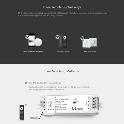 71564 V2 SKYDANCE DC RF 2.4Ghz Dimmer High Speed Controller 2 Καναλιών DC 12-24V 2 x 5A 120W - Max 10.5A 252W - IP20 Μ10 x Π3.5 x Υ2cm