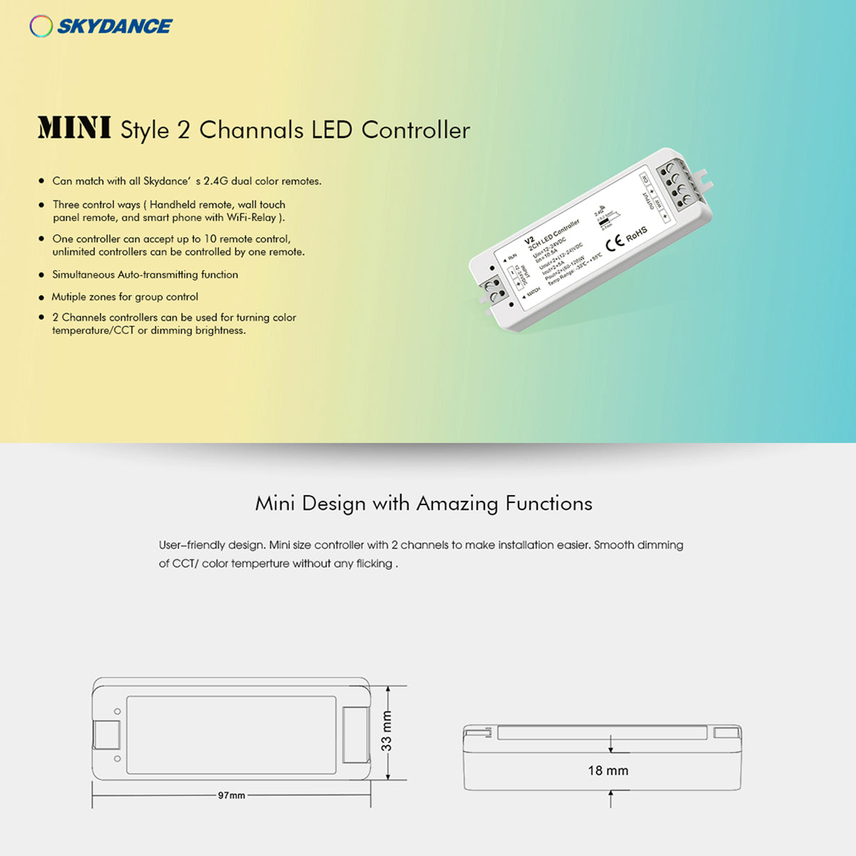 71564 V2 SKYDANCE DC RF 2.4Ghz Dimmer High Speed Controller 2 Καναλιών DC 12-24V 2 x 5A 120W - Max 10.5A 252W - IP20 Μ10 x Π3.5 x Υ2cm