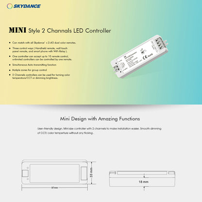71564 V2 SKYDANCE DC RF 2.4Ghz Dimmer High Speed Controller 2 Καναλιών DC 12-24V 2 x 5A 120W - Max 10.5A 252W - IP20 Μ10 x Π3.5 x Υ2cm