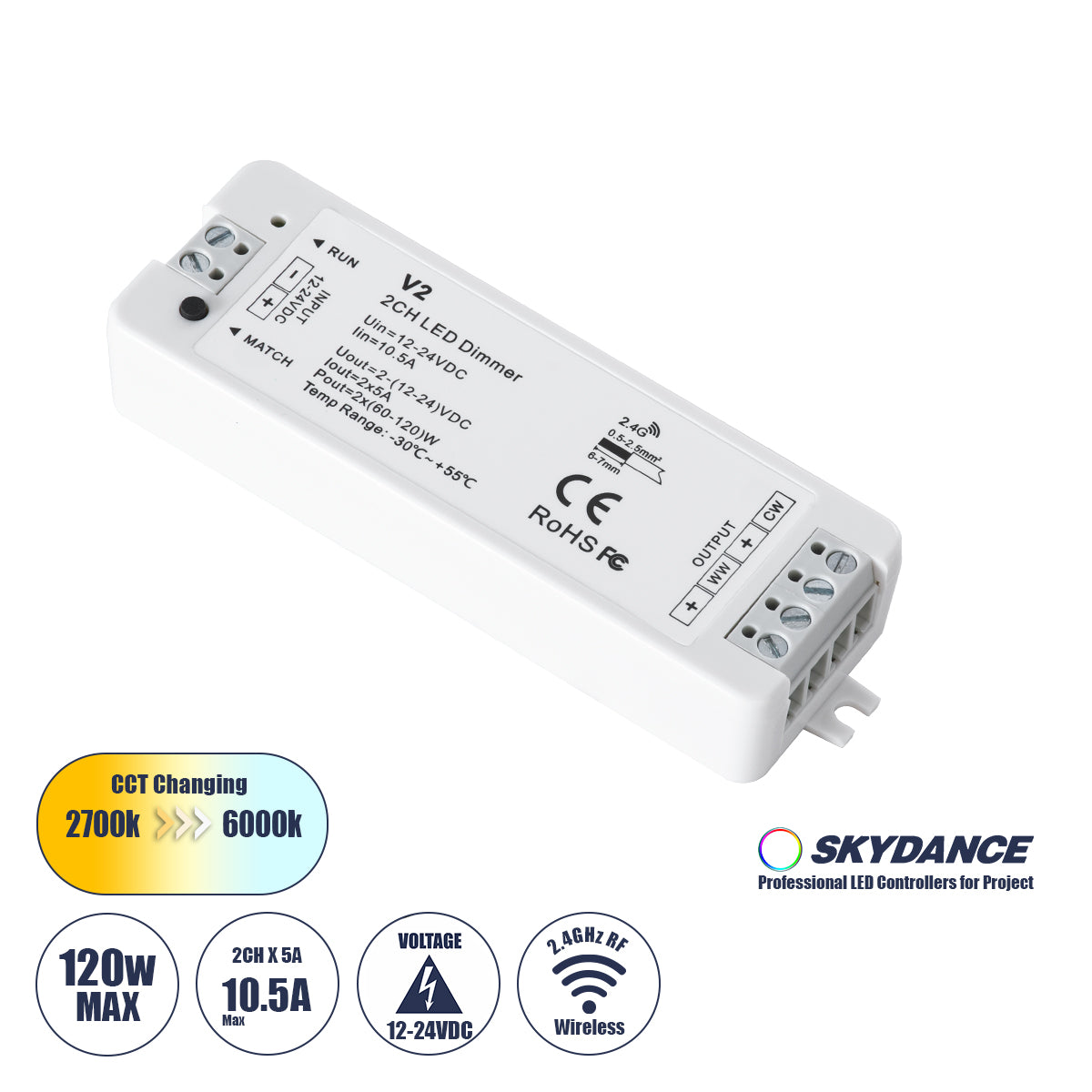 71564 V2 SKYDANCE DC RF 2.4Ghz Dimmer High Speed Controller 2 Καναλιών DC 12-24V 2 x 5A 120W - Max 10.5A 252W - IP20 Μ10 x Π3.5 x Υ2cm