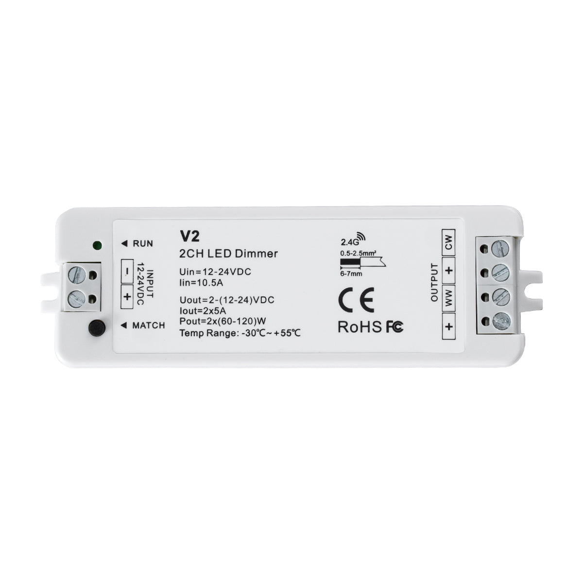 71564 V2 SKYDANCE DC RF 2.4Ghz Dimmer High Speed Controller 2 Καναλιών DC 12-24V 2 x 5A 120W - Max 10.5A 252W - IP20 Μ10 x Π3.5 x Υ2cm