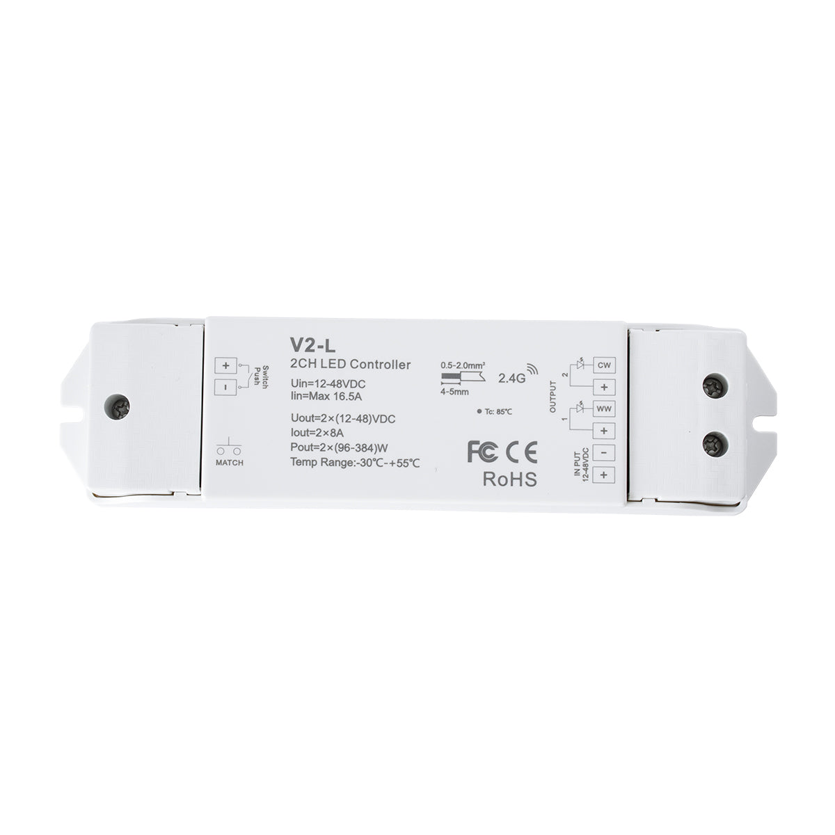 71565 V2-L SKYDANCE DC RF 2.4Ghz Dimmer High Speed Controller & Push Dimming 2 Κανάλια DC 12-48V 2 x 8A 384W - Max 16.5A 384W - IP20 Μ17.5 x Π4.5 x Υ2.5cm