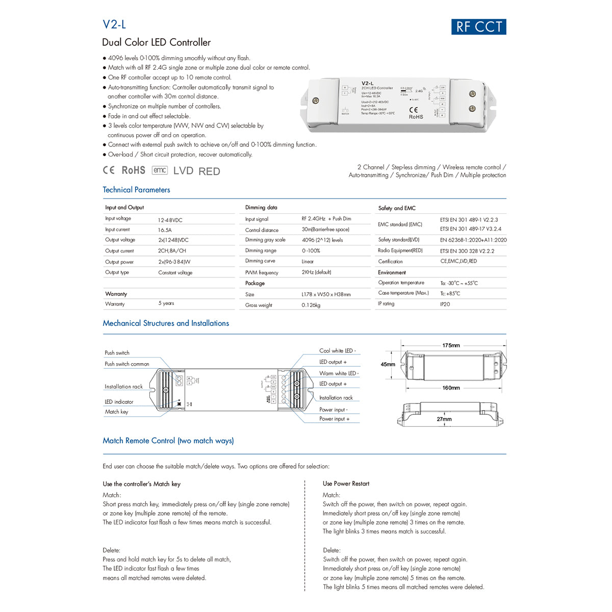 71565 V2-L SKYDANCE DC RF 2.4Ghz Dimmer High Speed Controller & Push Dimming 2 Κανάλια DC 12-48V 2 x 8A 384W - Max 16.5A 384W - IP20 Μ17.5 x Π4.5 x Υ2.5cm