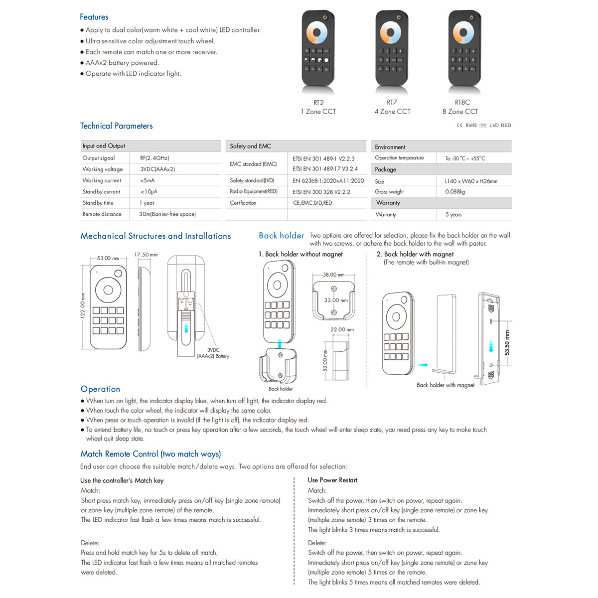 71566 RT2 SKYDANCE Ασύρματο Χειριστήριο Αφής RF 2.4Ghz 1 Group για όλα τα CCT SKYDANCE Controller DC 3V 2 x AAA - IP20 Μαύρο Μ12.2 x Π5.3 x Υ1.7cm