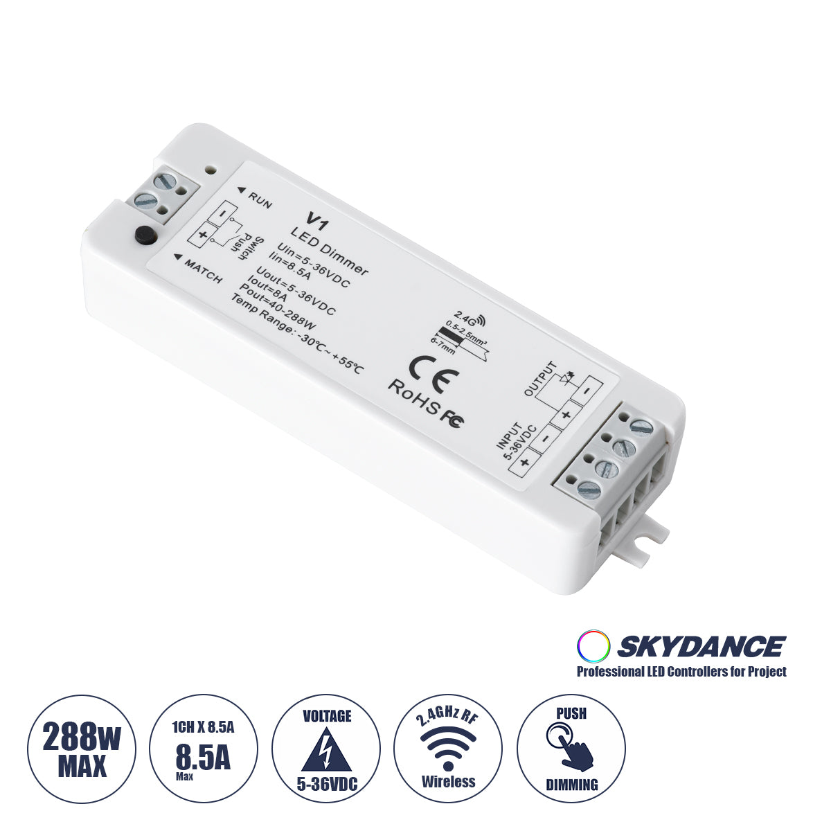 71567 V1 SKYDANCE DC RF 2.4Ghz Dimmer High Speed Controller & Push Dimming 1 Κανάλι DC 5-36V 1 x 8A 288W - Max 8.5A 288W - IP20 Μ10 x Π3.5 x Υ2cm