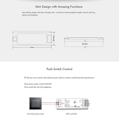 71567 V1 SKYDANCE DC RF 2.4Ghz Dimmer High Speed Controller & Push Dimming 1 Κανάλι DC 5-36V 1 x 8A 288W - Max 8.5A 288W - IP20 Μ10 x Π3.5 x Υ2cm