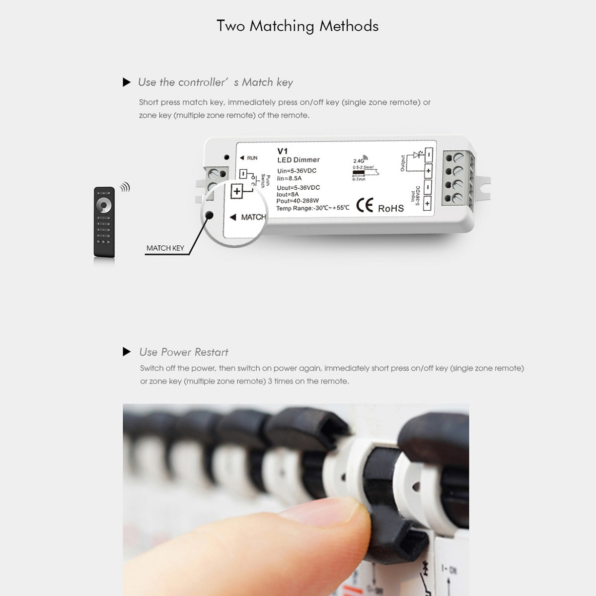 71567 V1 SKYDANCE DC RF 2.4Ghz Dimmer High Speed Controller & Push Dimming 1 Κανάλι DC 5-36V 1 x 8A 288W - Max 8.5A 288W - IP20 Μ10 x Π3.5 x Υ2cm