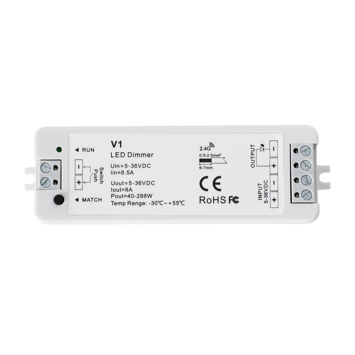 71567 V1 SKYDANCE DC RF 2.4Ghz Dimmer High Speed Controller & Push Dimming 1 Κανάλι DC 5-36V 1 x 8A 288W - Max 8.5A 288W - IP20 Μ10 x Π3.5 x Υ2cm