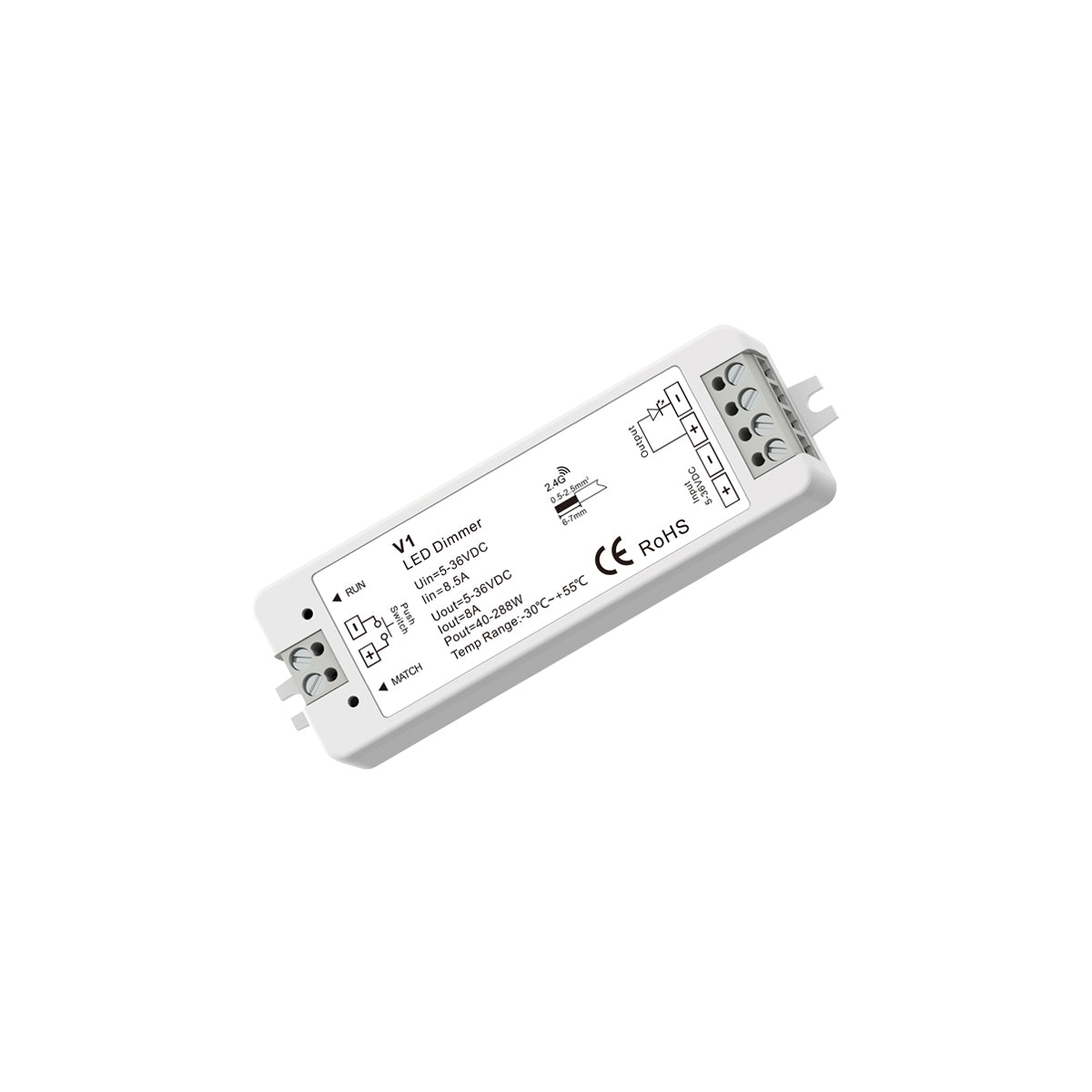 71567 V1 SKYDANCE DC RF 2.4Ghz Dimmer High Speed Controller & Push Dimming 1 Κανάλι DC 5-36V 1 x 8A 288W - Max 8.5A 288W - IP20 Μ10 x Π3.5 x Υ2cm