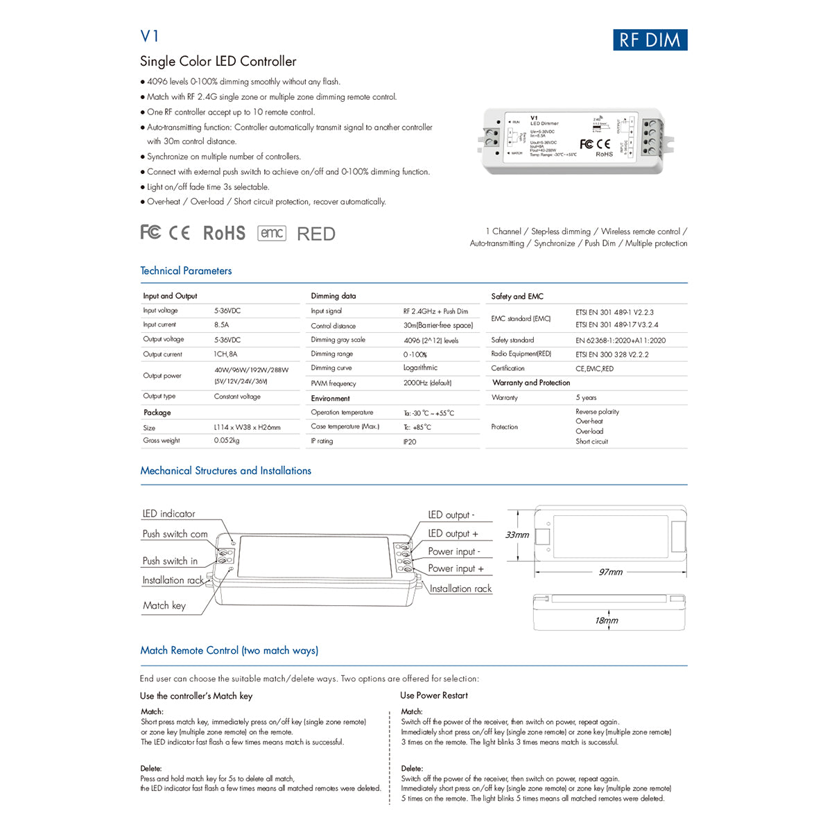 71567 V1 SKYDANCE DC RF 2.4Ghz Dimmer High Speed Controller & Push Dimming 1 Κανάλι DC 5-36V 1 x 8A 288W - Max 8.5A 288W - IP20 Μ10 x Π3.5 x Υ2cm