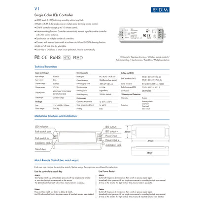 71567 V1 SKYDANCE DC RF 2.4Ghz Dimmer High Speed Controller & Push Dimming 1 Κανάλι DC 5-36V 1 x 8A 288W - Max 8.5A 288W - IP20 Μ10 x Π3.5 x Υ2cm
