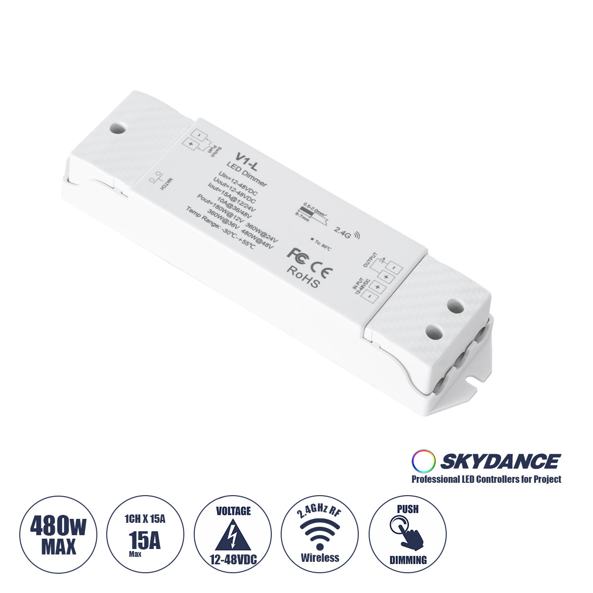 71568 V1-L SKYDANCE DC RF 2.4Ghz Dimmer High Speed Controller & Push Dimming 1 Κανάλι DC 12-48V 1 x 15A 480W - Max 15A 480W - IP20 Μ17.5 x Π4.5 x Υ2.5cm