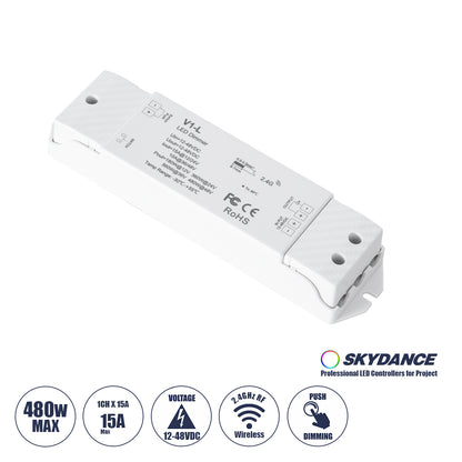 71568 V1-L SKYDANCE DC RF 2.4Ghz Dimmer High Speed Controller & Push Dimming 1 Κανάλι DC 12-48V 1 x 15A 480W - Max 15A 480W - IP20 Μ17.5 x Π4.5 x Υ2.5cm