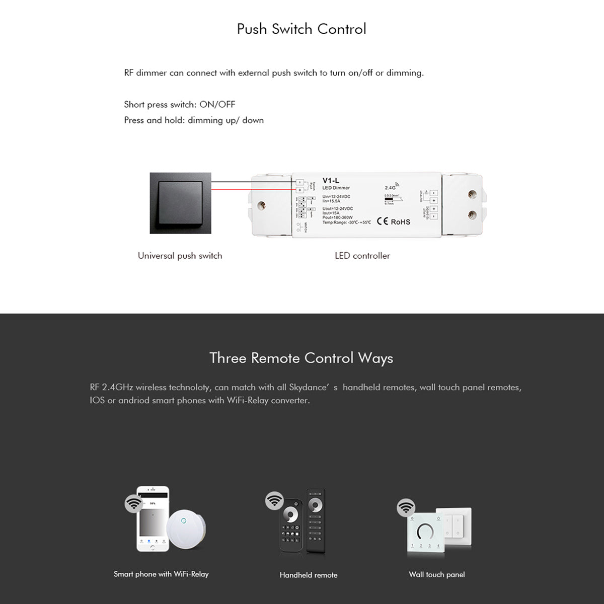 71568 V1-L SKYDANCE DC RF 2.4Ghz Dimmer High Speed Controller & Push Dimming 1 Κανάλι DC 12-48V 1 x 15A 480W - Max 15A 480W - IP20 Μ17.5 x Π4.5 x Υ2.5cm