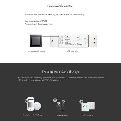 71568 V1-L SKYDANCE DC RF 2.4Ghz Dimmer High Speed Controller & Push Dimming 1 Κανάλι DC 12-48V 1 x 15A 480W - Max 15A 480W - IP20 Μ17.5 x Π4.5 x Υ2.5cm