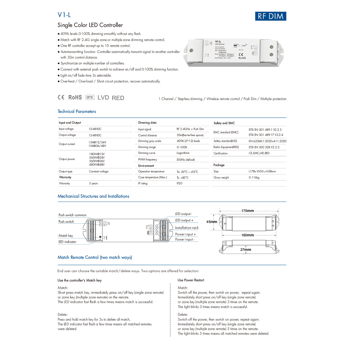 71568 V1-L SKYDANCE DC RF 2.4Ghz Dimmer High Speed Controller & Push Dimming 1 Κανάλι DC 12-48V 1 x 15A 480W - Max 15A 480W - IP20 Μ17.5 x Π4.5 x Υ2.5cm