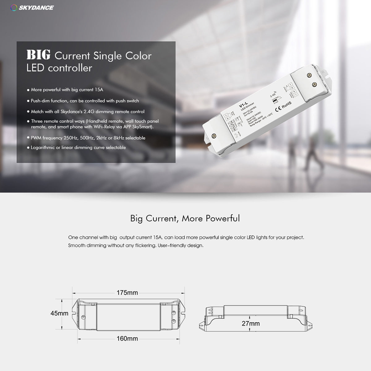 71568 V1-L SKYDANCE DC RF 2.4Ghz Dimmer High Speed Controller & Push Dimming 1 Κανάλι DC 12-48V 1 x 15A 480W - Max 15A 480W - IP20 Μ17.5 x Π4.5 x Υ2.5cm