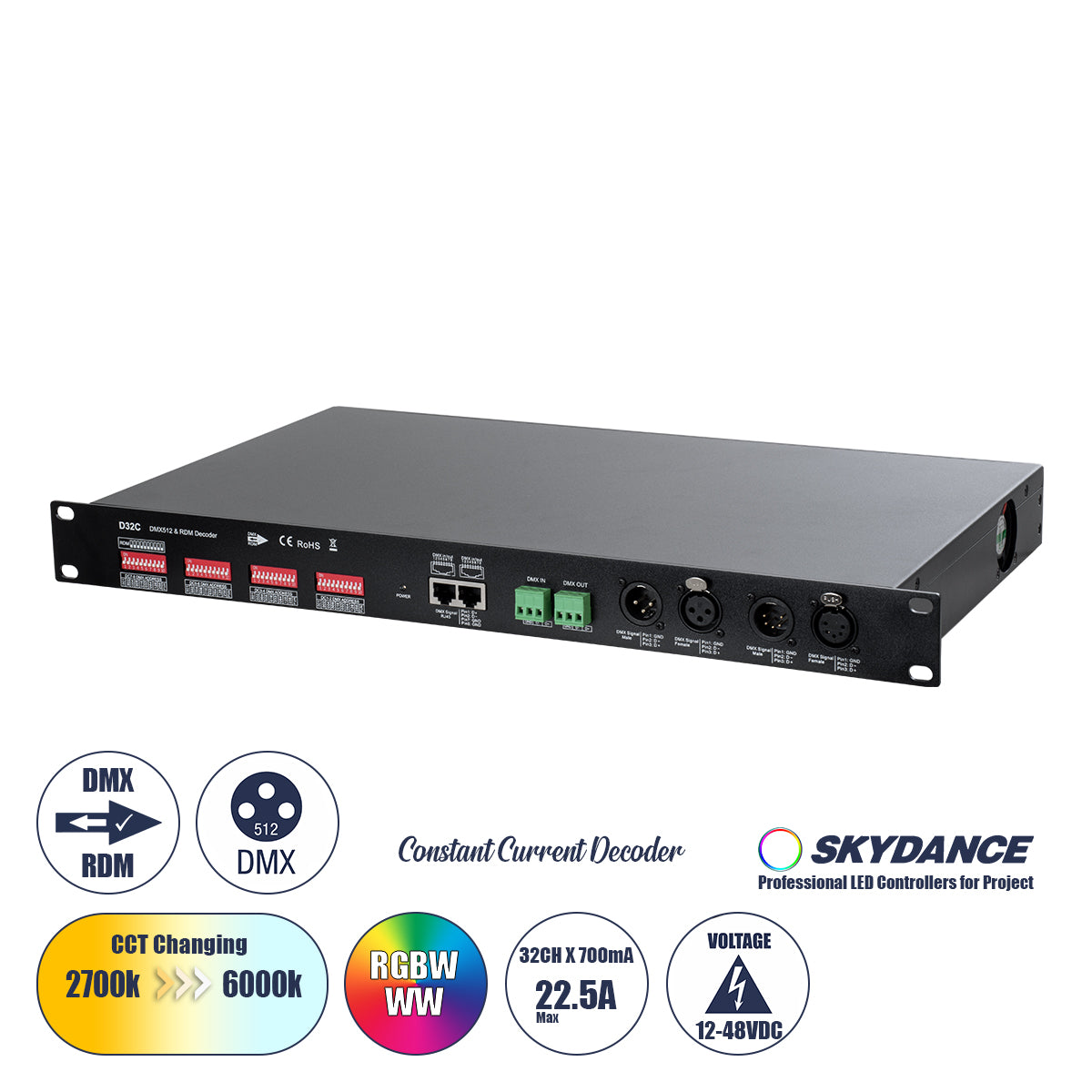 71570 D32C SKYDANCE DC DMX & RDM Dimmer High Speed Controller / Constant Current Decoder 32 Καναλιών DC 12-48V 32 x 700mA 34W - Max 22.5A 1075W - IP20 Μ48 x Π26 x Υ5cm