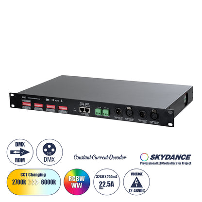 71570 D32C SKYDANCE DC DMX & RDM Dimmer High Speed Controller / Constant Current Decoder 32 Καναλιών DC 12-48V 32 x 700mA 34W - Max 22.5A 1075W - IP20 Μ48 x Π26 x Υ5cm