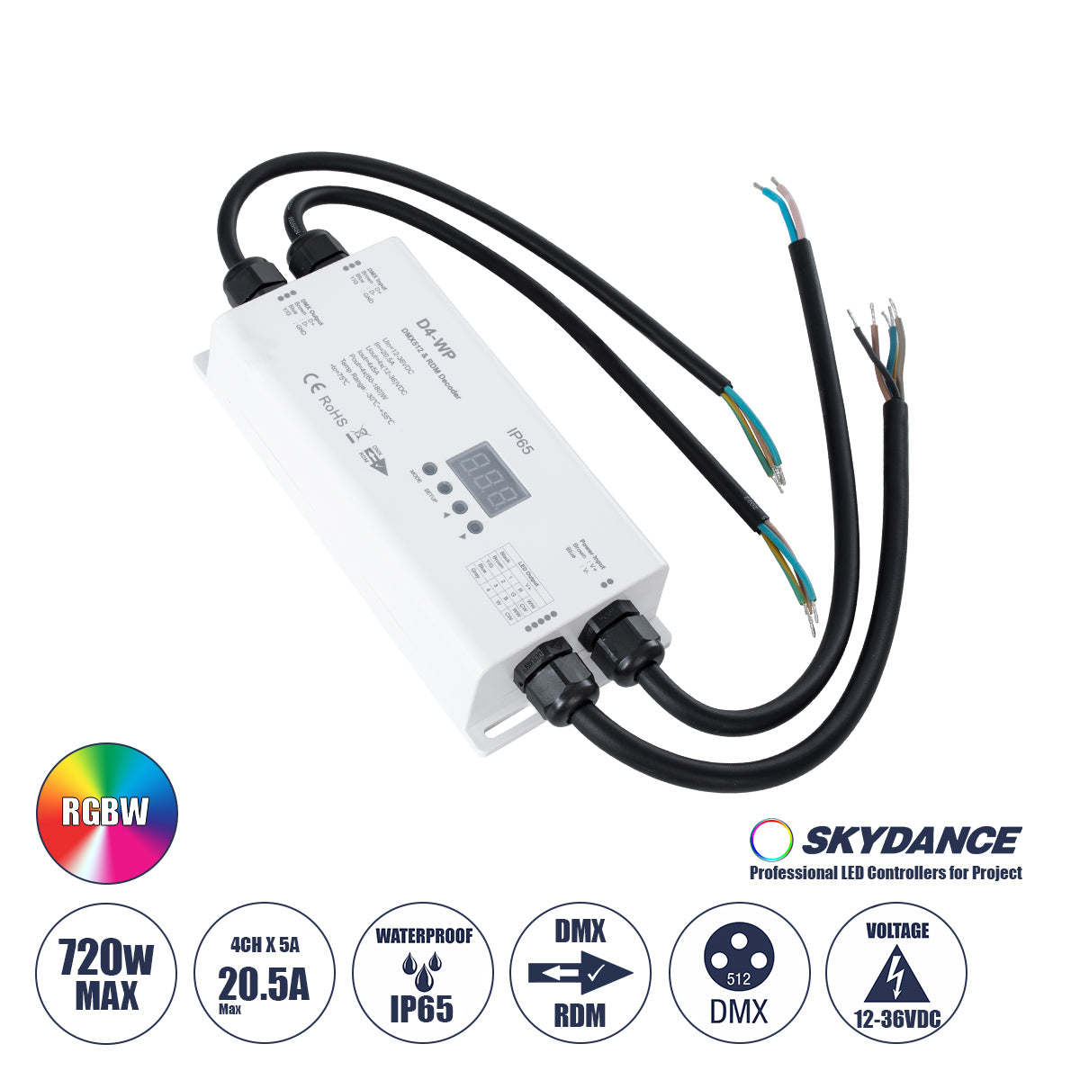 71571-IP65 D4-WP SKYDANCE DC DMX & RDM Dimmer High Speed Controller / Decoder 4 Καναλιών DC 12-36V 4 x 5A 180W - Max 20.5A 720W - Αδιάβροχος IP65 Μ17 x Π8 x Υ4
