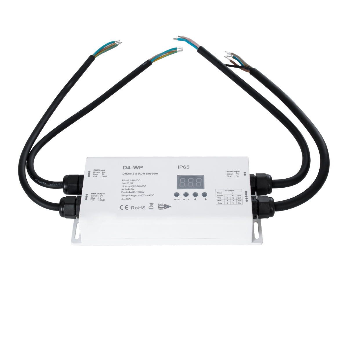 71571-IP65 D4-WP SKYDANCE DC DMX & RDM Dimmer High Speed Controller / Decoder 4 Καναλιών DC 12-36V 4 x 5A 180W - Max 20.5A 720W - Αδιάβροχος IP65 Μ17 x Π8 x Υ4