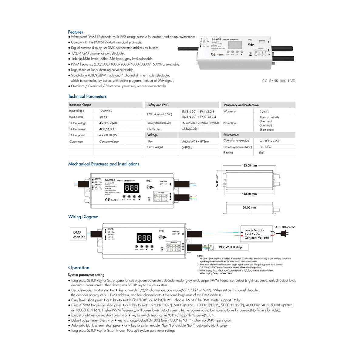 71571-IP65 D4-WP SKYDANCE DC DMX & RDM Dimmer High Speed Controller / Decoder 4 Καναλιών DC 12-36V 4 x 5A 180W - Max 20.5A 720W - Αδιάβροχος IP65 Μ17 x Π8 x Υ4cm