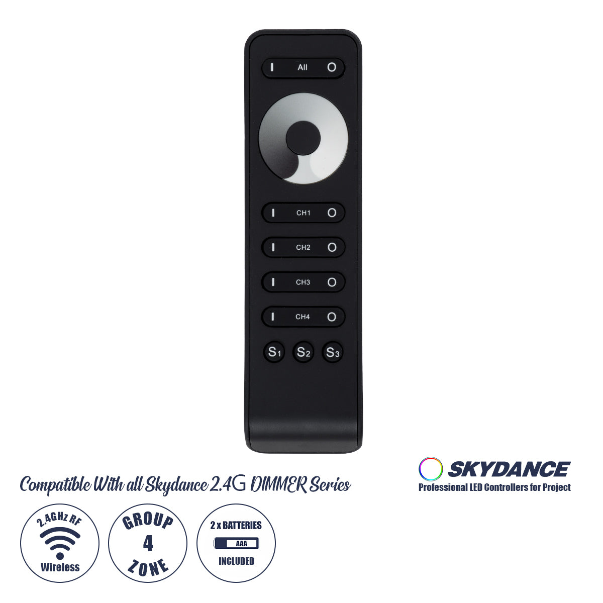 71573 RS6 SKYDANCE Ασύρματο Χειριστήριο Αφής RF 2.4Ghz 4 Καναλιών για όλα τα Μονόχρωμα 4 Καναλιών SKYDANCE Controller DC 3V 2 x AAA - IP20 Μαύρο Μ15.5 x Π4.5 x Υ1.9cm