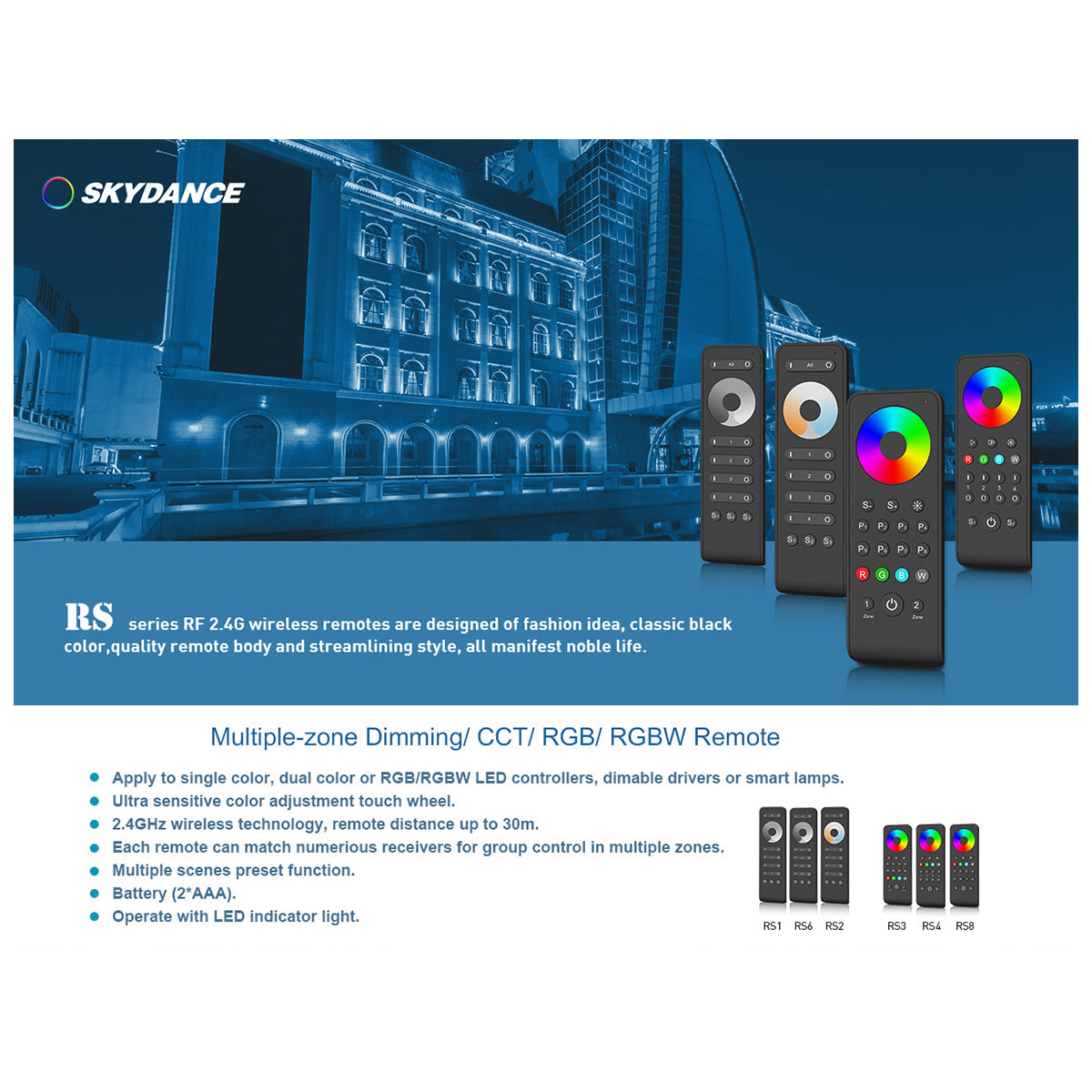 71573 RS6 SKYDANCE Ασύρματο Χειριστήριο Αφής RF 2.4Ghz 4 Καναλιών για όλα τα Μονόχρωμα 4 Καναλιών SKYDANCE Controller DC 3V 2 x AAA - IP20 Μαύρο Μ15.5 x Π4.5 x Υ1.9cm