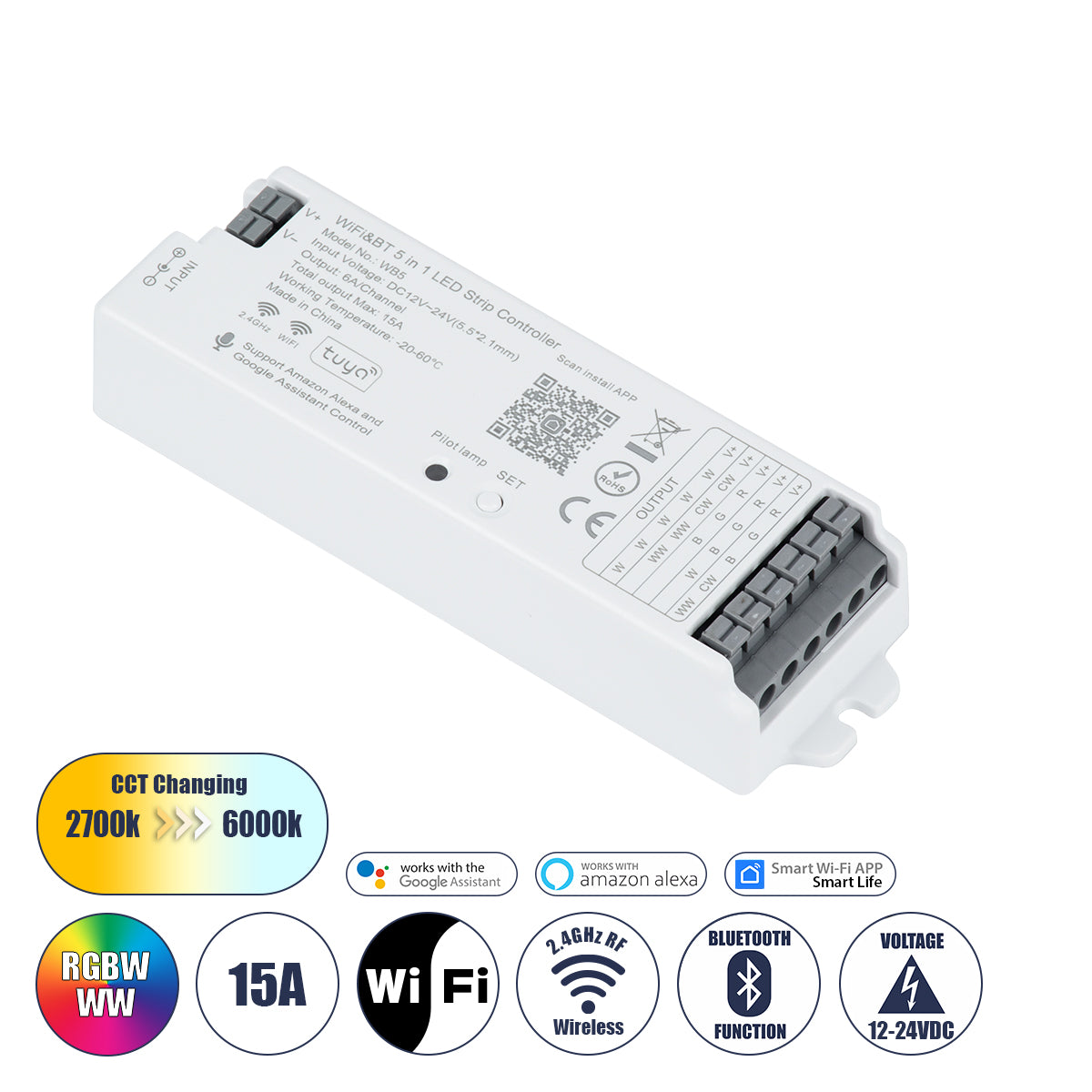 73008 Ασύρματος WiFi LED RGBW+WW+CCT Controller IOS/Android 5in1 Bluetooth 2.4Ghz DC 12-24V Max 360W