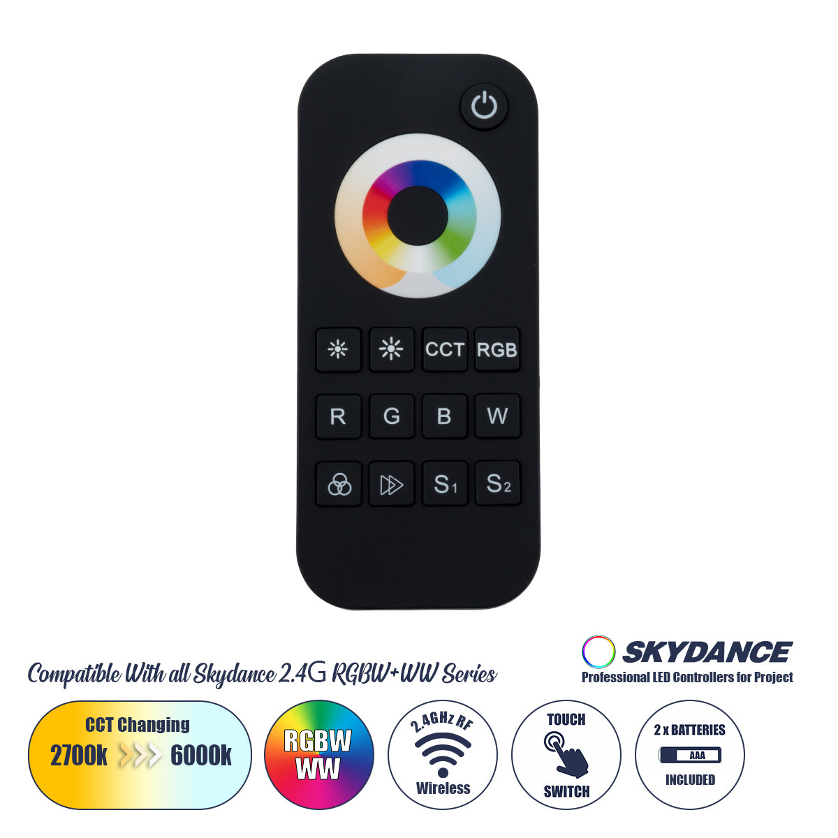 73009 RT5 SKYDANCE Ασύρματο Χειριστήριο Αφής RF 2.4Ghz 1 Group για όλα τα RGBW+WW SKYDANCE Controller DC 3V 2 x AAA - IP20 Μαύρο Μ5.3 x Π1.75 x Υ12.2cm