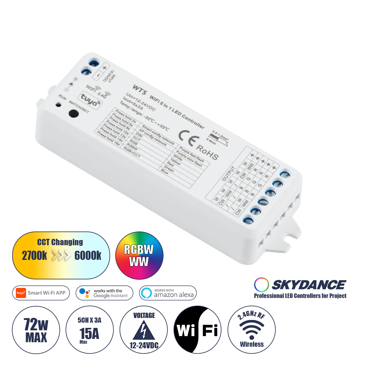 73010 WT5 SKYDANCE DC WiFi & RF 2.4Ghz Dimmer High Speed Controller 5 Καναλιών DC 12-24V 5 x 3A 72W - Max 15A 360W - IP20 Μ10 x Π4 x Υ2cm