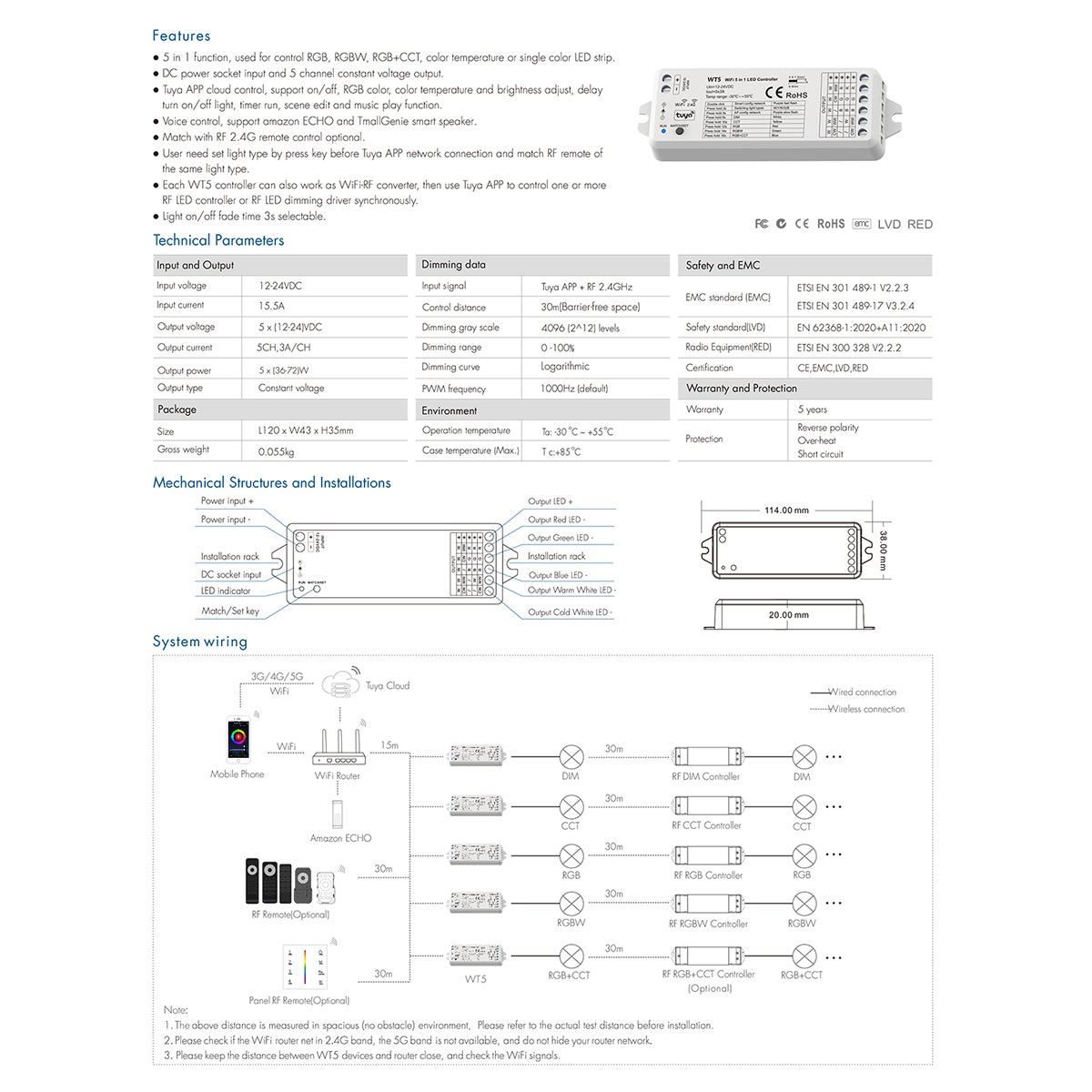 73010 WT5 SKYDANCE DC WiFi & RF 2.4Ghz Dimmer High Speed Controller 5 Καναλιών DC 12-24V 5 x 3A 72W - Max 15A 360W - IP20 Μ10 x Π4 x Υ2cm