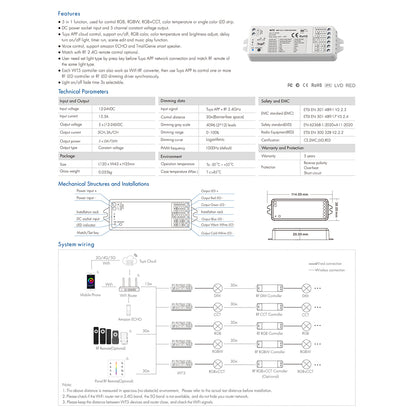 73010 WT5 SKYDANCE DC WiFi & RF 2.4Ghz Dimmer High Speed Controller 5 Καναλιών DC 12-24V 5 x 3A 72W - Max 15A 360W - IP20 Μ10 x Π4 x Υ2cm