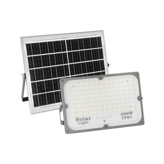 LUMOVOX 73068 Προβολέας LED 200W 10000lm 120° DC 5V με Φωτοβολταϊκό Panel 5V 12W & Επαναφορτιζόμενη Μπαταρία Li-ion 3.2V 10000mAh Αδιάβροχο IP67 Ψυχρό Λευκό 6000K - 180 x SMD2835 Sanan Chip - Γκρι Ανθρακί - Μ29.5 x Π5.5 x Υ19