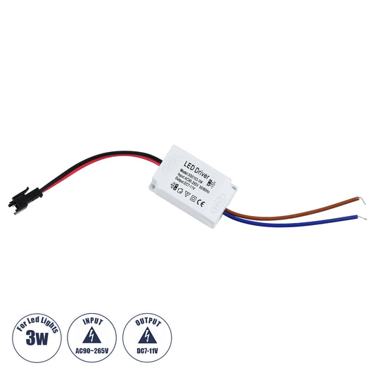 73074 Πλαστικό Τροφοδοτικό SELV για Προϊόντα LED 3W - AC 220-240V σε DC 7-11V - IP20 L4.5 x W3 x H2.5cm