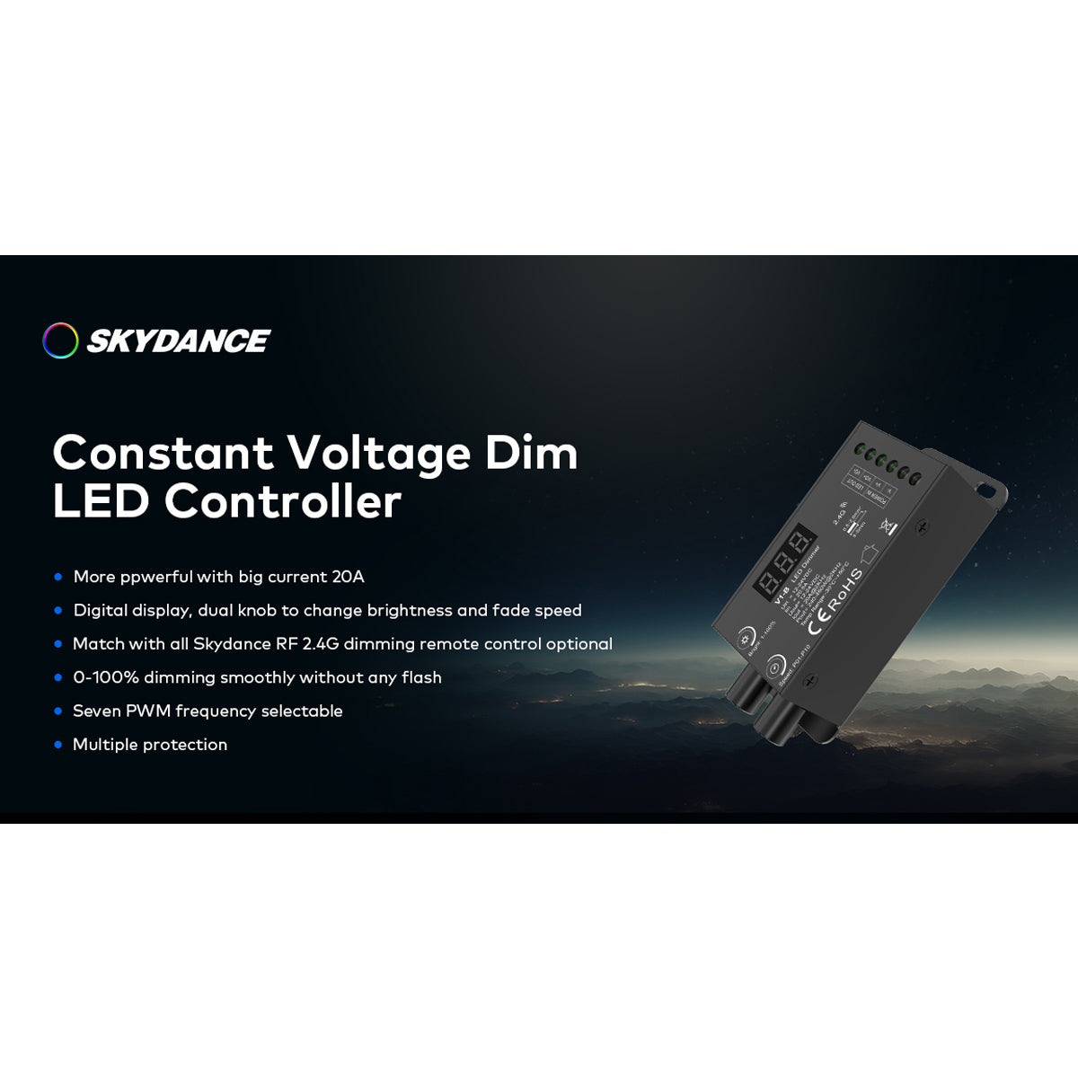73116 V1-B SKYDANCE DC RF 2.4Ghz Dimmer Constant Voltage Controller 1 Κανάλι DC 12-24V 1 x 20.5A 480W - Max 20.5A 480W - IP20 Μ9 x Π4 x Υ2.8cm