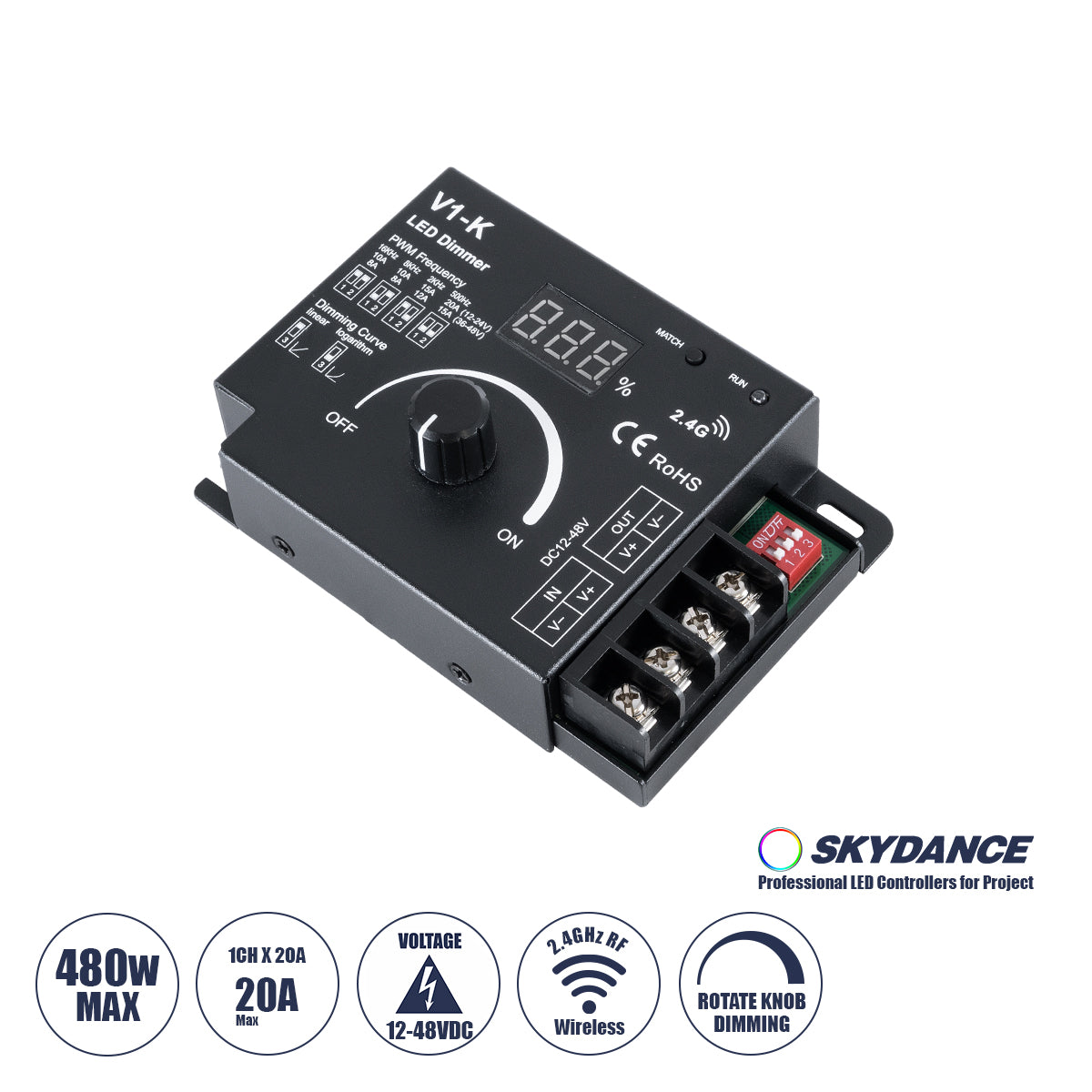 73117 V1-K SKYDANCE DC RF 2.4Ghz Dimmer PWM Frequency Controller 1 Κανάλι DC 12-24V 1 x 20A 480W - Max 20A 480W - IP20 Μ10.7 x Π7.5 x Υ3.8cm