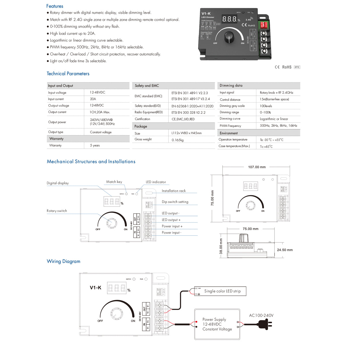 73117 V1-K SKYDANCE DC RF 2.4Ghz Dimmer PWM Frequency Controller 1 Κανάλι DC 12-24V 1 x 20A 480W - Max 20A 480W - IP20 Μ10.7 x Π7.5 x Υ3.8cm