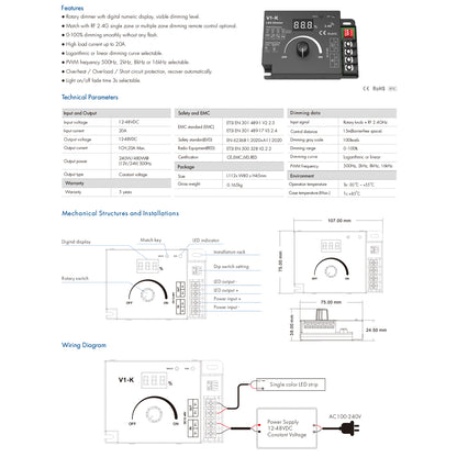 73117 V1-K SKYDANCE DC RF 2.4Ghz Dimmer PWM Frequency Controller 1 Κανάλι DC 12-24V 1 x 20A 480W - Max 20A 480W - IP20 Μ10.7 x Π7.5 x Υ3.8cm