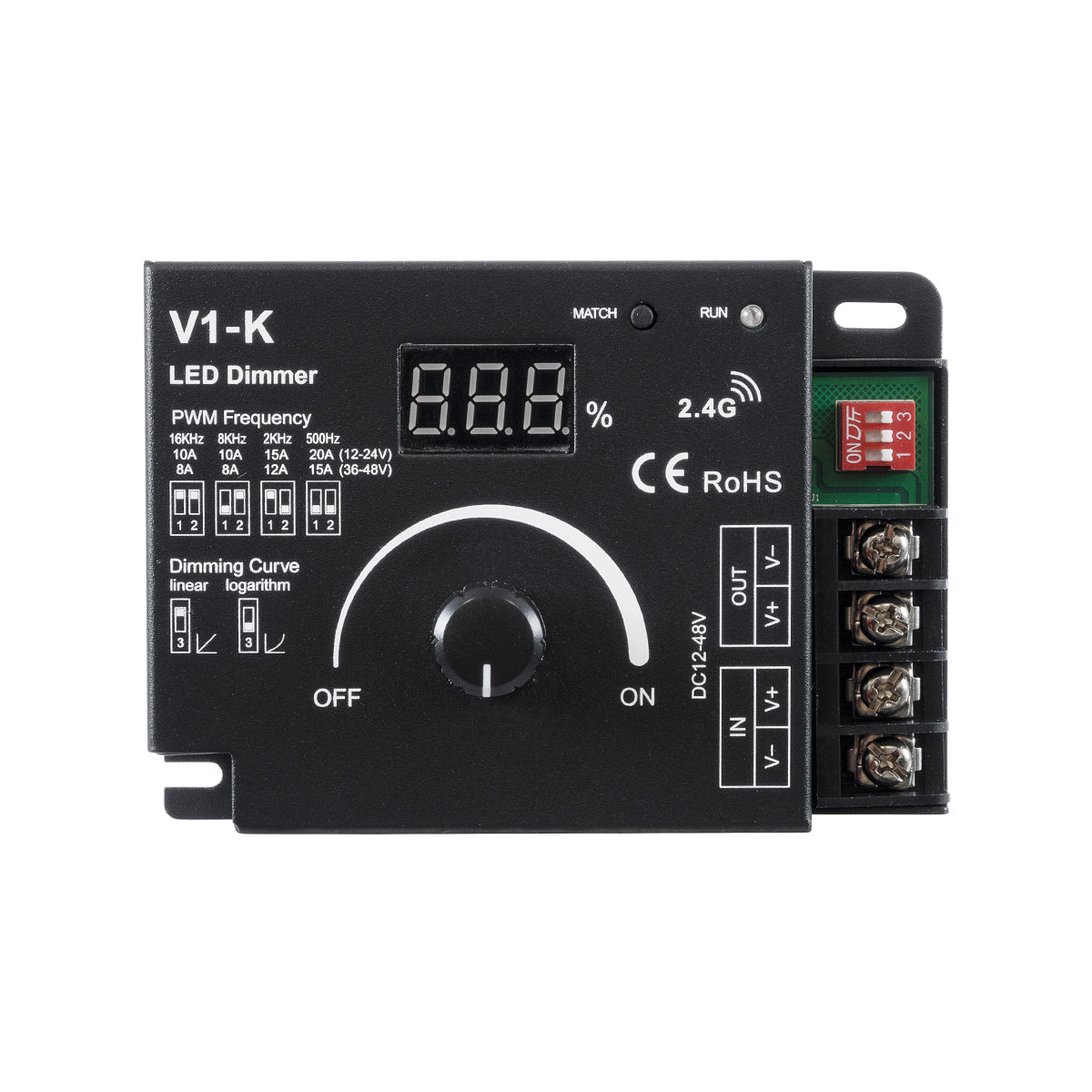 73117 V1-K SKYDANCE DC RF 2.4Ghz Dimmer PWM Frequency Controller 1 Κανάλι DC 12-24V 1 x 20A 480W - Max 20A 480W - IP20 Μ10.7 x Π7.5 x Υ3.8cm