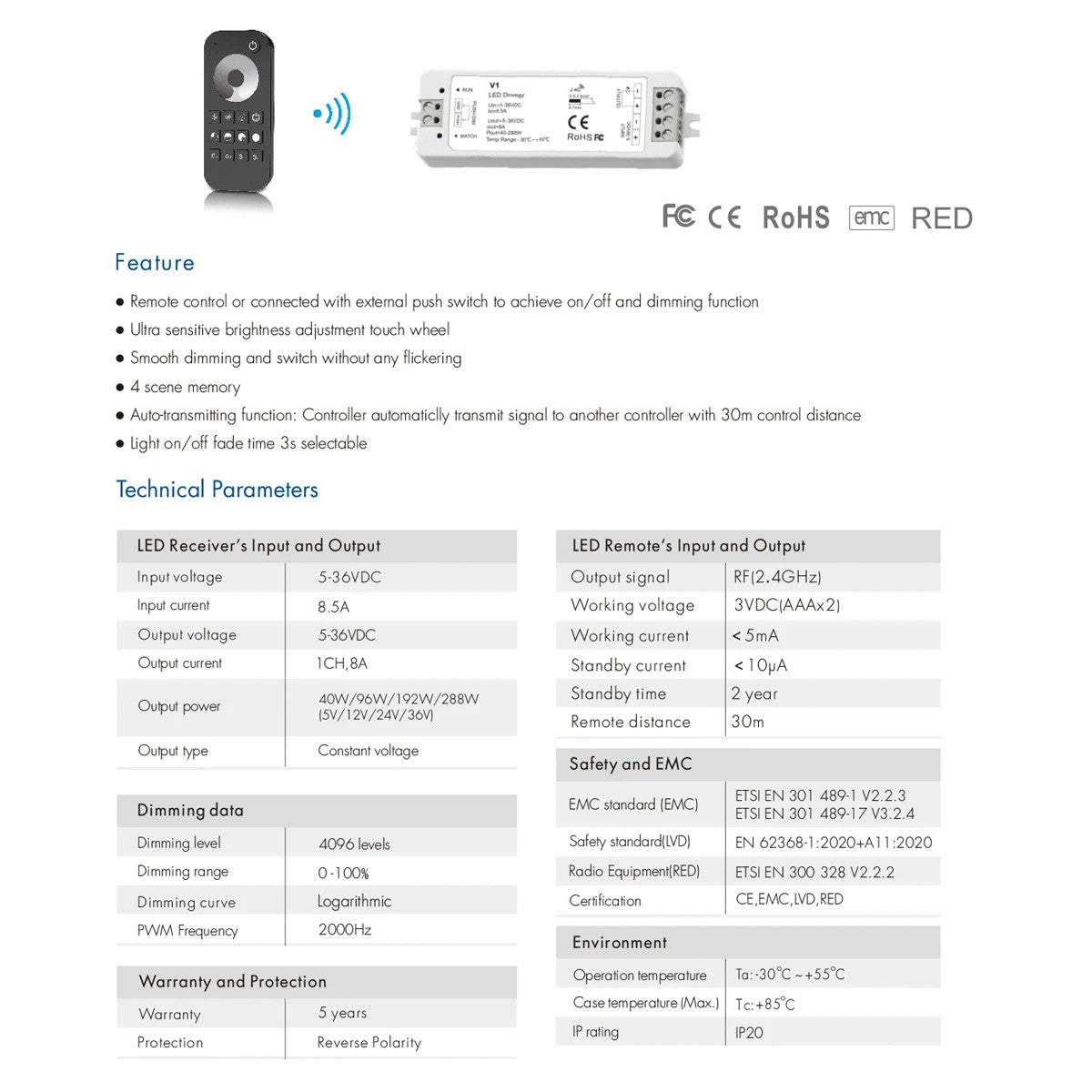 73118 RT1+V1 SKYDANCE ΣΕΤ Dimmer & Ασύρματο Χειριστήριο Αφής 1 Group RF 2.4Ghz 8A Max DC 5-36V (288W) - DC 3V IP20