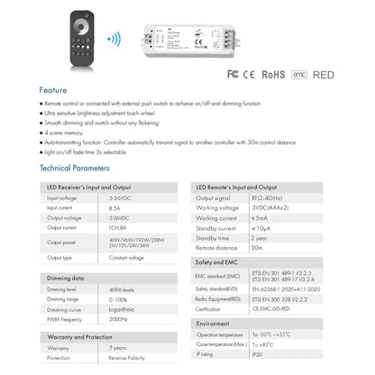 73118 RT1+V1 SKYDANCE ΣΕΤ Dimmer & Ασύρματο Χειριστήριο Αφής 1 Group RF 2.4Ghz 8A Max DC 5-36V (288W) - DC 3V IP20